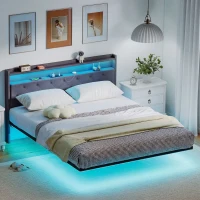 HOMCOM Cadre de lit 160 x 200 cm avec sommier acier, lit 2 personnes flottant avec lumières LED RGB et station de charge, gris(m-10)