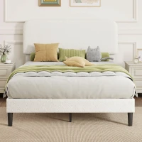 HOMCOM Cadre de Lit 140x190cm avec Sommier, Tête de Lit Réglable, Lit Double Rembourré en Velours Teddy, Lattes en Métal, Blanc(m-2)