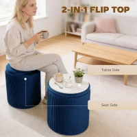 HOMCOM Storage Ottoman Modern Velvet Round Foot Stool for Living Room Bedroom 45 cm Blue(m-4)