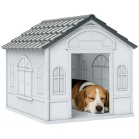 PawHut Casa para Perros 65x75,7x63 cm con Patrón de Ventana y Techo de Tejas de Imitación para Perros Medianos Gris y Blanco(m-10)