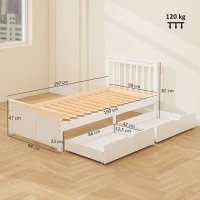 HOMCOM Bettgestell 90 x 190 cm aus Massivholz, 2 Schubladen auf Rollen, Kopfteil, Fußteil, Lattenrost, Weiß(m-3)