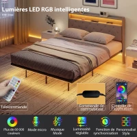 HOMCOM Cadre de lit 140 x 190 cm avec sommier acier, lit 2 personnes flottant avec lumières LED RGB et station de charge, gris(m-5)