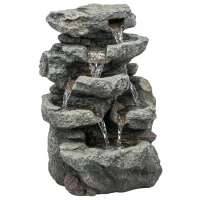 Outsunny Outdoor Fountain with 6-Tier Rock Design, Waterfall Feature with LED Lights, Resin Freestanding Garden Fountain, Grey(m-1)