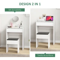 HOMCOM Postazione Trucco con Specchio Richiudibile, Toeletta Trucco Moderno, con Sgabello, Vano Contenitore a 10 Scomparti, MDF Bianco, 60.2 x 40.2 x 79cm(m-4)