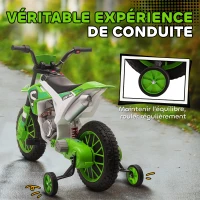HOMCOM Moto Cross électrique pour Enfant 3 à 5 Ans 12 V 3-8 Km/h avec roulettes latérales Amovibles dim. 106,5L x 51,5l x 68H cm Vert(m-6)