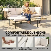 Outsunny Zestaw mebli z polirattanu 5-częściowy, 3 fotele, stolik ze szkła, podnóżek, szerokie i głębokie siedziska, zdejmowane poduszki(m-6)