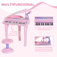 HOMCOM Piano Infantil 37 Teclas Teclado Electrónico Piano para Niños con Micrófono Taburete Luces y 22 Canciones USB/MP3 Karaoke Modo de Enseñanza Rosa(m-5)