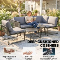 Outsunny Zestaw mebli ogrodowych lounge, 4-5 osób, kanapa dwuosobowa, stolik, krzesło, grube poduszki, siatkowe siedziska(m-5)