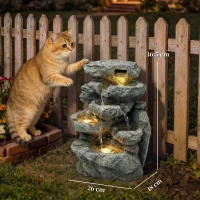 Outsunny Outdoor Fountain with 6-Tier Rock Design, Waterfall Feature with LED Lights, Resin Freestanding Garden Fountain, Grey(m-3)