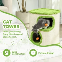 PawHut 52cm Cat Barrel Tower, 2 Story Cat Condo with Sisal Scratching Pad, Toy Ladybugs, Barrel Shaped Cat House Covered in Soft Plush, Green(m-4)