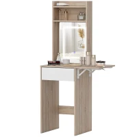 HOMCOM Small Vanity Desk with Mirror and LED Lights, Compact Dressing Table with Drop Leaf, Open Shelves, Natural Wood(m-11)