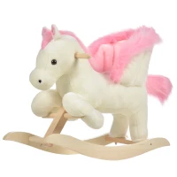 HOMCOM Cheval à Bascule Fonction Musicale Selle Grand Confort Peluche Courte Douce Pour Enfants 18-36 Mois Bois peuplier Blanc et Rose dim. 70L x 28l x 57H cm(m-1)