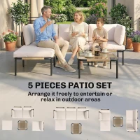 Outsunny Zestaw mebli z polirattanu 5-częściowy, 3 fotele, stolik ze szkła, podnóżek, szerokie i głębokie siedziska, zdejmowane poduszki(m-4)