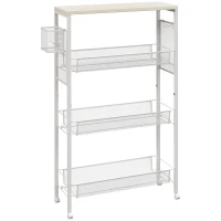 HOMCOM Carucior de Bucătărie pe 3 Niveluri cu Coș Lateral și Cârlig, din Plăci Aglomerate și Oțel, 58x18,5x87 cm(m-1)