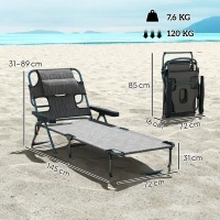 Outsunny Tumbona de Jardín Plegable con Respaldo Ajustable en 4 Niveles Orificio de Lectura y Reposacabezas 145x72x89 cm Gris(m-3)