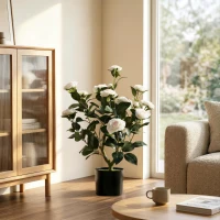 HOMCOM Plantă Artificială de Camelie 65cm Copac Artificial în Maceta cu Flori de Mătase Realiste 116 Hojas Efecto Musgo Alb(m-5)