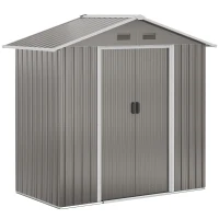 Outsunny Outdoor Garden Shed Storage, Backyard Steel Utility Tool Shed, Lawn Garage Building Organizer w/Sliding Door, Gable Roof, 1.94x1.1x1.84m, 4 Vents-Gray(m-1)