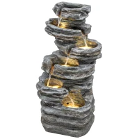 Outsunny Outdoor Fountain, 6-Tier Cascading Waterfall Feature with LED Lights, Resin Freestanding Garden Fountain, Grey(m-11)