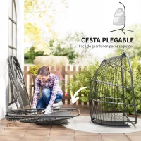 Outsunny Silla Colgante Huevo con Soporte con Cesta Plegable Cojín y Reposacabezas para Interior y Exterior Carga 150 kg Gris(m-6)