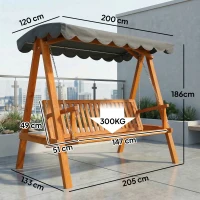 Outsunny 3 Seater Garden Swing Seat with Canopy, Wooden Swing Chair, Outdoor Hammock Bench for Balcony Patio Porch, Dark Grey(m-3)