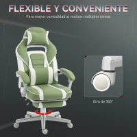 HOMCOM Silla Gamer Reclinable con Altura Ajustable Reposapiés Retráctil Soporte Lumbar y Reposacabezas Desmontable Verde(m-6)