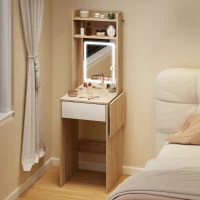 HOMCOM Small Vanity Desk with Mirror and LED Lights, Compact Dressing Table with Drop Leaf, Open Shelves, Natural Wood(m-2)