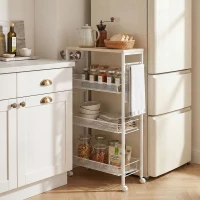 HOMCOM Carucior de Bucătărie pe 3 Niveluri cu Coș Lateral și Cârlig, din Plăci Aglomerate și Oțel, 58x18,5x87 cm(m-2)