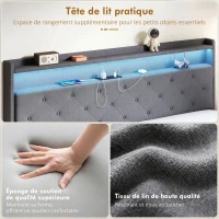 HOMCOM Cadre de lit 160 x 200 cm avec sommier acier, lit 2 personnes flottant avec lumières LED RGB et station de charge, gris(m-7)