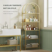 HOMCOM Raft de Depozitare Arcuit cu 5 Nivele din Oțel și Sticlă Securizată, 60x30x175 cm, Auriu(m-5)