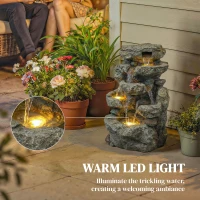 Outsunny Outdoor Fountain with 6-Tier Rock Design, Waterfall Feature with LED Lights, Resin Freestanding Garden Fountain, Grey(m-5)