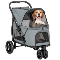 PawHut Carrito para Perros Plegable con 3 Ruedas Ventanas de Malla Cojín Lavable Todo Terreno Carga 20 kg 92x63x95 cm Gris(m-10)