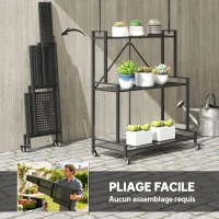 Outsunny Support pour Plantes à 3 Niveaux avec Roulettes, Étagère à Fleurs Pliable en Métal avec 4 Crochets, 84x40,5x174cm, Noir(m-4)