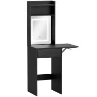 HOMCOM Small Vanity Desk with Mirror and LED Lights, Compact Dressing Table with Drop Leaf, Open Shelves and Drawer, Black(m-1)