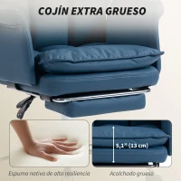 HOMCOM Silla de Escritorio con Reposapiés Respaldo Reclinable Alto Acolchado Grueso Tapizada en Cuero Sintético Ruedas Azul(m-5)