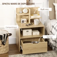 HOMCOM Noptiera moderna, Noptiera cu sertar si rafturi de depozitare, masuta pentru sufragerie, dormitor, natural(m-5)