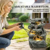 Outsunny Outdoor Fountain with 6-Tier Rock Design, Waterfall Feature with LED Lights, Resin Freestanding Garden Fountain, Grey(m-6)