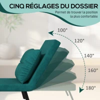 HOMCOM Fauteuil convertible 1 place fauteuil-lit chauffeuse 3 en 1 dossier réglable oreiller tissu velours 63x73x81cm vert(m-5)