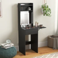 HOMCOM Small Vanity Desk with Mirror and LED Lights, Compact Dressing Table with Drop Leaf, Open Shelves and Drawer, Black(m-8)