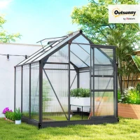 Outsunny 6 x 6ft Polycarbonate Greenhouse, Large Walk-In Green House with Slide Door and Window, Garden Plants Grow House with Aluminium Frame and Foundation, Grey(m-10)