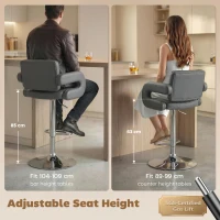 HOMCOM Bar Stools Adjustable Swivel Kitchen Chairs with Backrest Armrest Set of 2 PU Leather Grey(m-6)