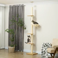 PawHut Tiragraffi a soffitto con protezione anti-ribaltamento, palo in corda di sisal e pannello truciolare, 40x40x250 cm, Crema e bianco(m-4)