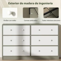 HOMCOM Cómoda con 6 Cajones de Tela Marco de Acero y MDF Cajonera para Salón Oficina Vestidor Blanco y Gris(m-6)