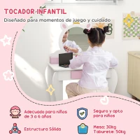 ZONEKIZ Tocador Infantil con Taburete y Espejo Tocador para Niñas con Cajón Compartimentos Diseño de Unicornio Blanco(m-4)