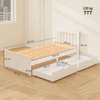 HOMCOM Cadru de pat 90x190cm din lemn masiv,  2 sertare pe roți, tăblie, picior de pat, somier cu lamele, alb(m-3)
