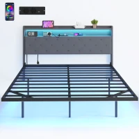HOMCOM Cadre de lit 160 x 200 cm avec sommier acier, lit 2 personnes flottant avec lumières LED RGB et station de charge, gris(m-11)