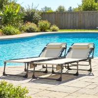 Outsunny Set de 2 Tumbonas Plegables con Reposacabezas Bolsillo Lateral y Respaldo Reclinable en 5 Posiciones Blanco Crema(m-9)