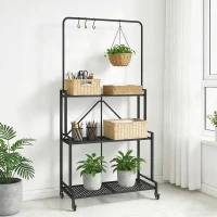 Outsunny Support pour Plantes à 3 Niveaux avec Roulettes, Étagère à Fleurs Pliable en Métal avec 4 Crochets, 84x40,5x174cm, Noir(m-10)