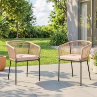 Outsunny Garden Chairs Set of 2, Rattan Garden Dining Chairs with String Back Armrests, Cushions, Natural Wood Finish(m-2)
