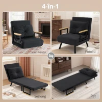 HOMCOM Fotoliu Pat 3 în 1 cu Spătar Reglabil în 5 Poziții și Pernă, 63x73x81 cm, Negru(m-5)