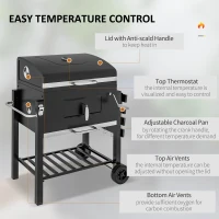 Outsunny Charcoal Grill BBQ Trolley with Adjustable Charcoal Grate, Garden Metal Smoker Barbecue with Shelf, Side Table, Wheels, Built-in Thermometer, Bottle Opener(m-5)